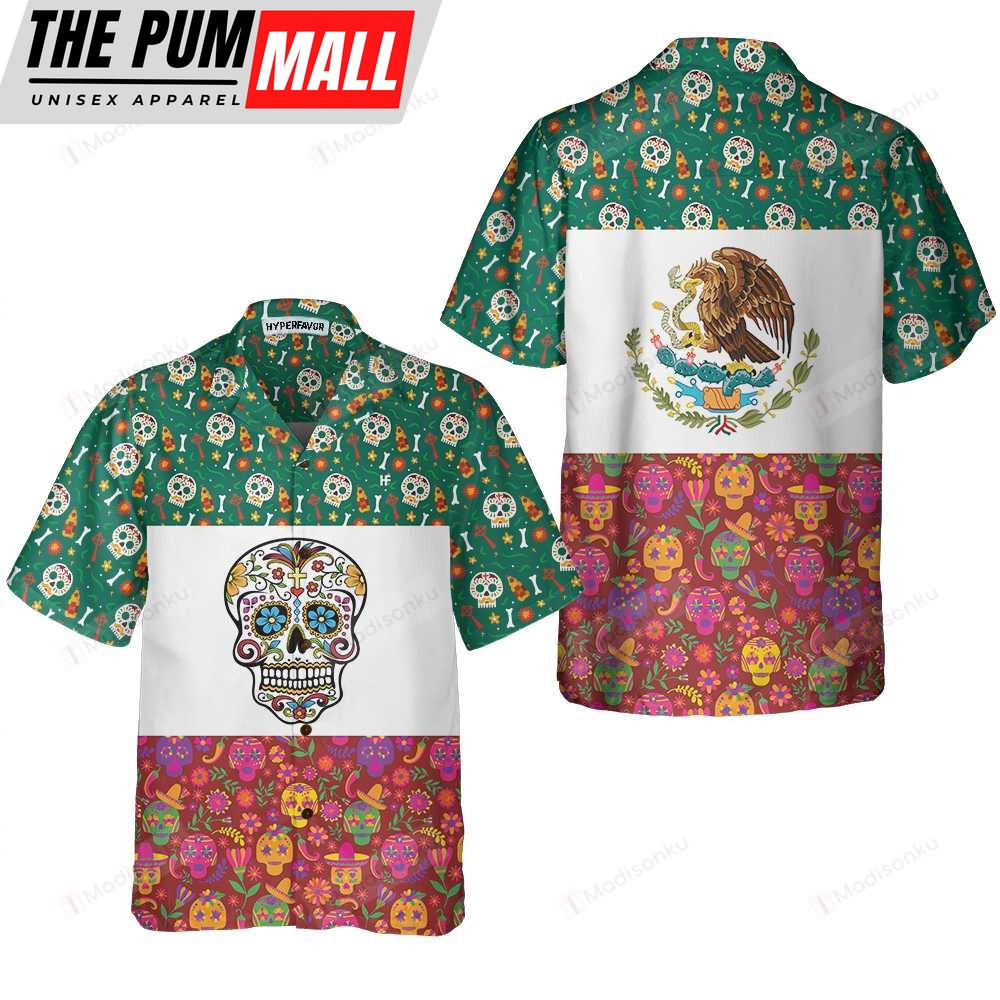 Mexican Hawaiian Shirt, Mexico Flag Dia De Los Muertos Sugar Skull Hawaiian Shirt