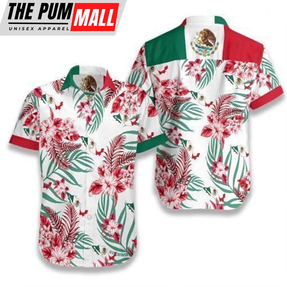Mexican Hawaiian Shirt, Mexico Flag Tropical Hawaiian Shirt White Men Women Beach Wear Short Sleeve Hawaii Shirt Combo Beach