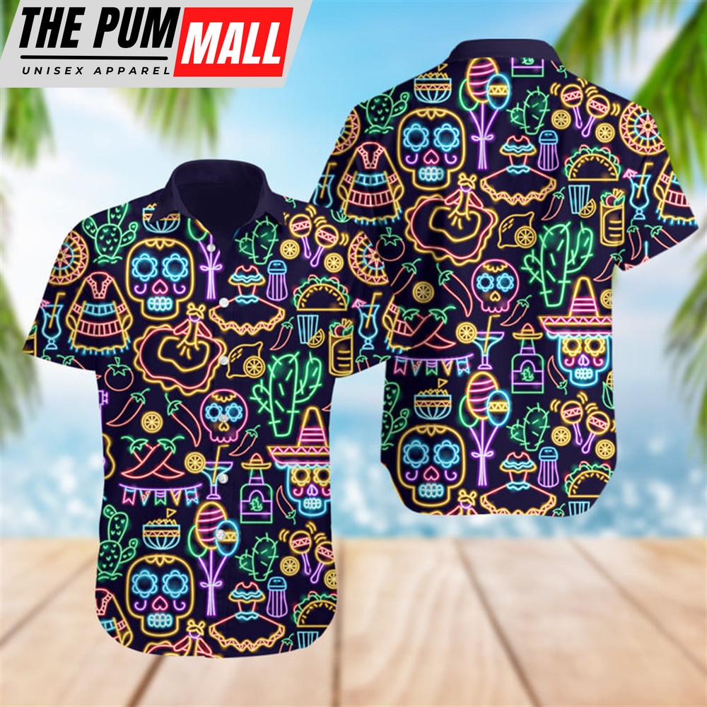Mexican Hawaiian Shirt, Mexico Neon Pattern Day Of The Dead Hawaiian Shirt