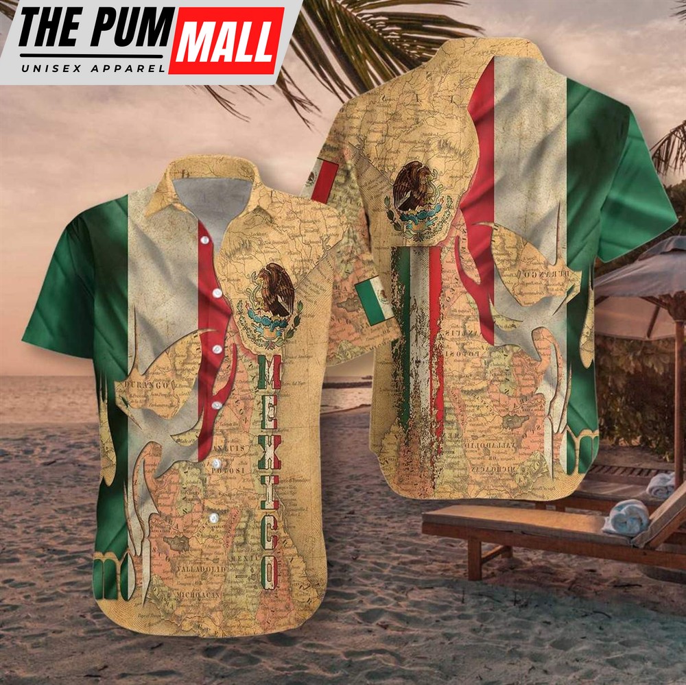 Mexican Hawaiian Shirt, Mexico Skull Map Flag 3d All Over Printed Hawaiian Shirt