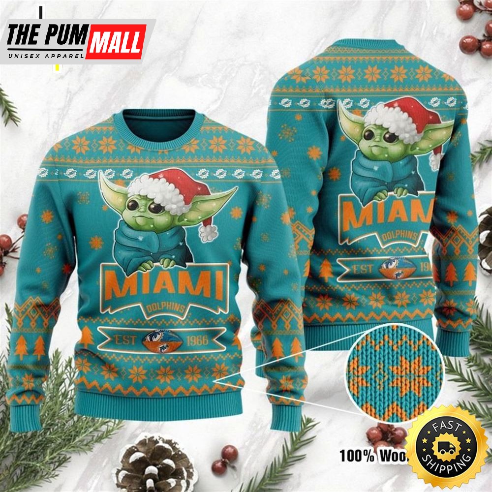 Miami Dolphins Cute Baby Yoda Grogu Holiday Party Ugly Christmas Sweater