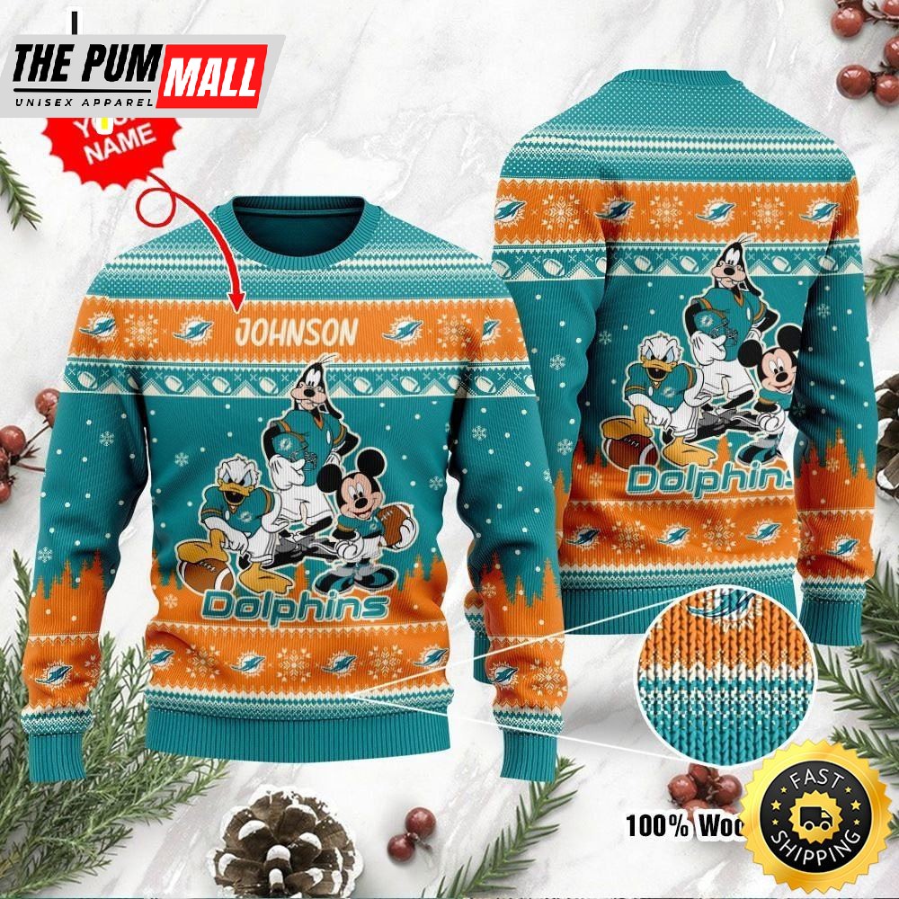 Miami Dolphins Disney Donald Duck Mickey Mouse Goofy Personalized Ugly Christmas Sweater Perfect Holiday Gift