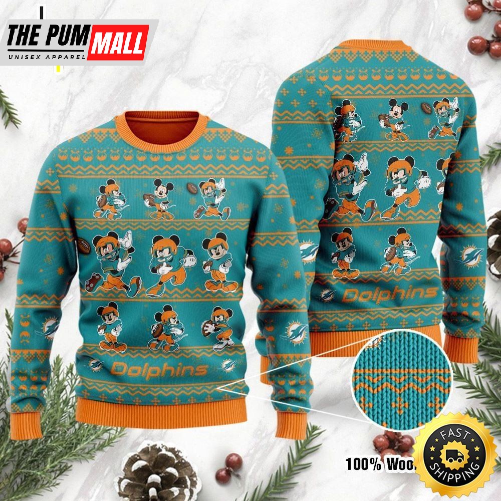 Miami Dolphins Mickey Mouse Holiday Party Ugly Christmas Sweater, Perfect Holiday Gift