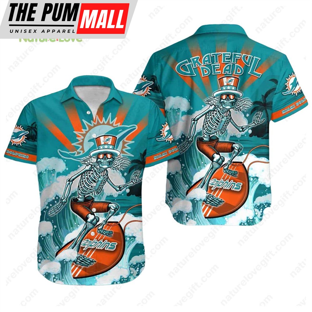 Miami Dolphins Skeleton Grateful Dead Surfing Dolphins Hawaiian Shirt