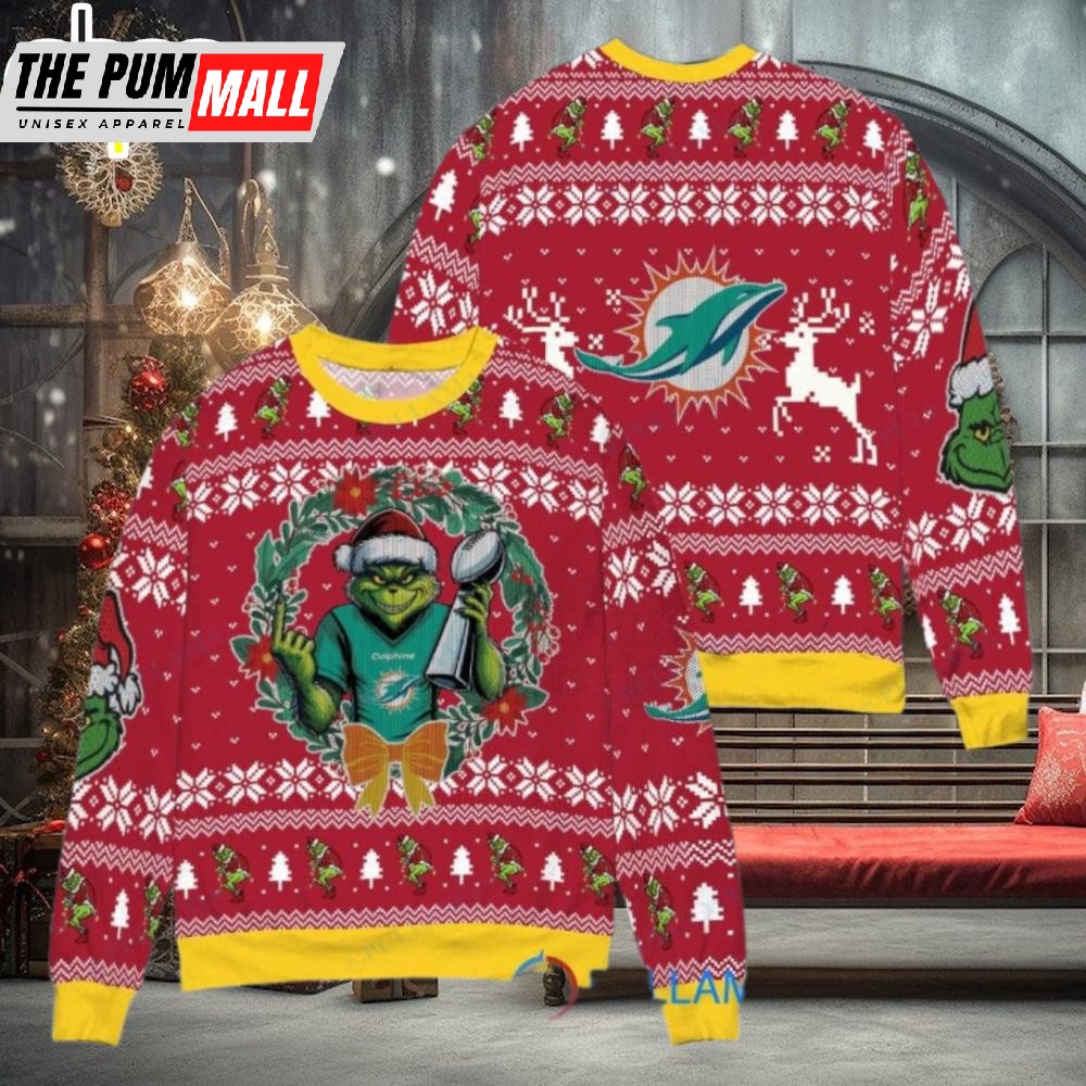Miami Dolphins x Grinch NFL Grinch Super Bowl Trophy Ugly Christmas Sweater
