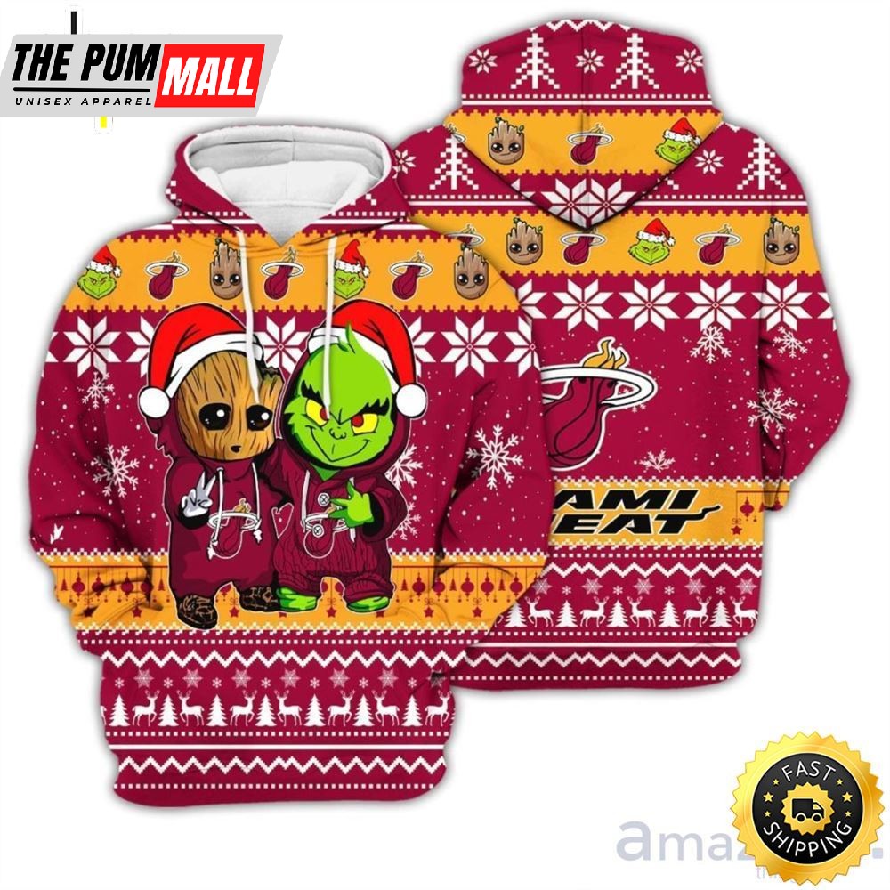 Miami Heat Baby Groot And Grinch Best Friends 3D Hoodie Christmas Sweater