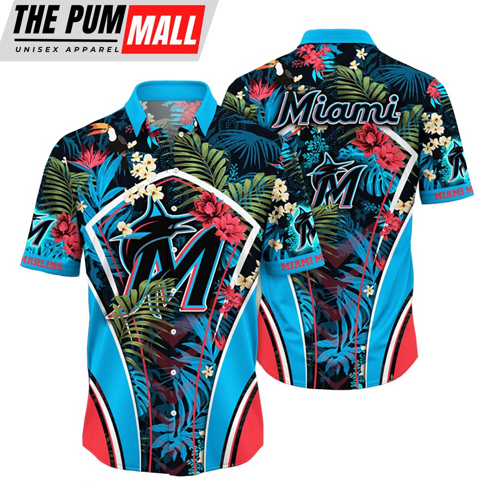 Miami Marlins MLB Flower Tropical Hawaiian Button Down Shirt