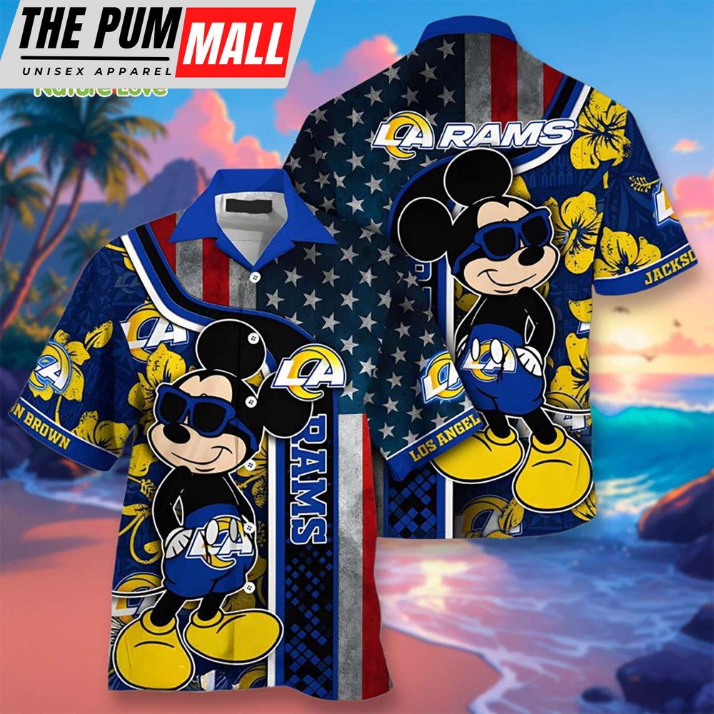 Mickey Mouse Los Angeles Rams American Flag Hibiscus Hawaiian Shirt