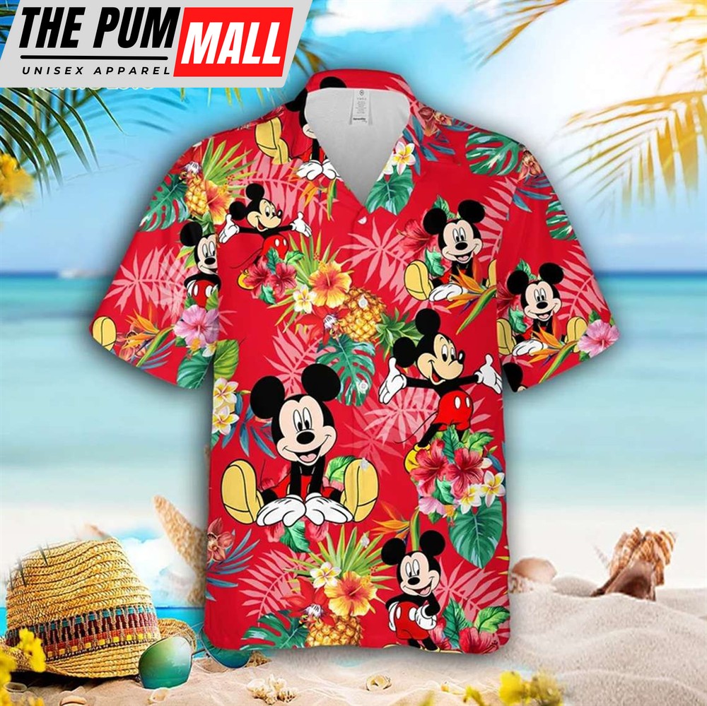 Mickey Mouse Pineapple Floral Hawaiian Shirt, Disney Red Hawaiian Shirt, Matching Family Disney Shirts