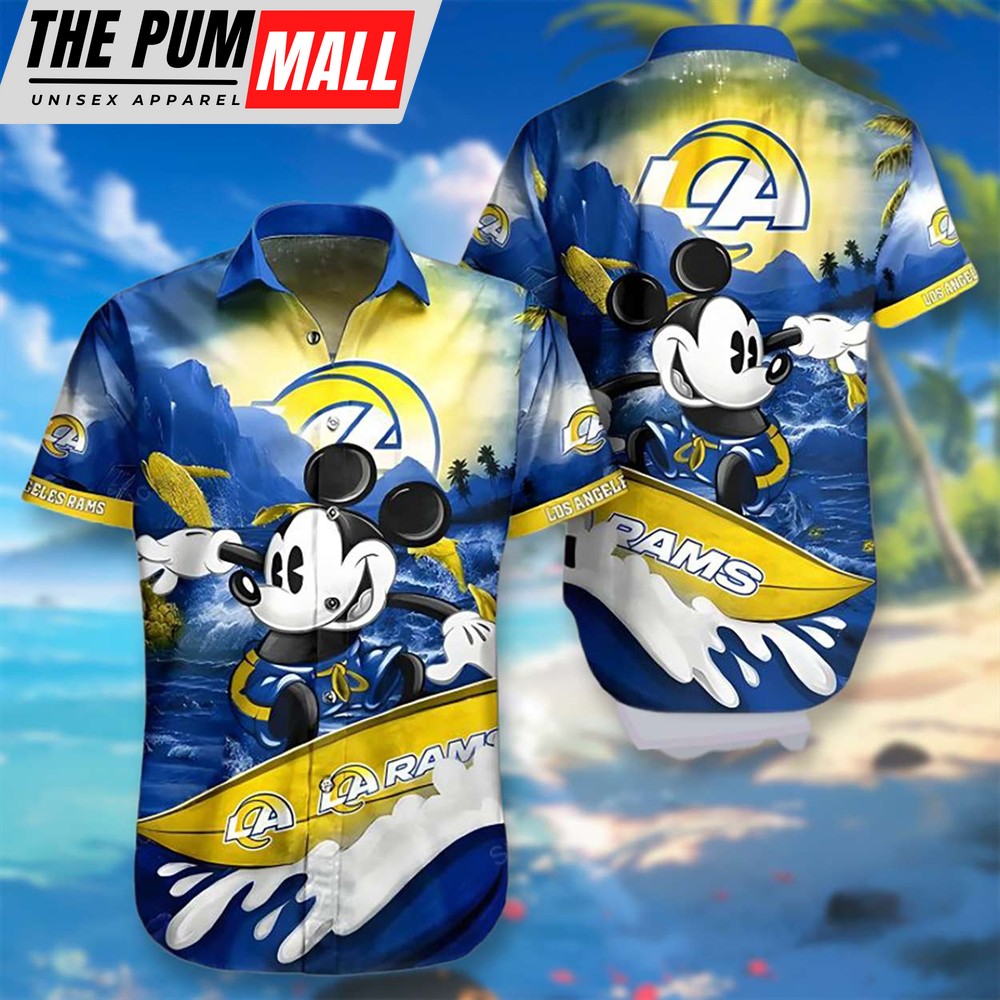 Mickey Mouse Surfing On The Beach Los Angeles Rams Hawaiian Shirt