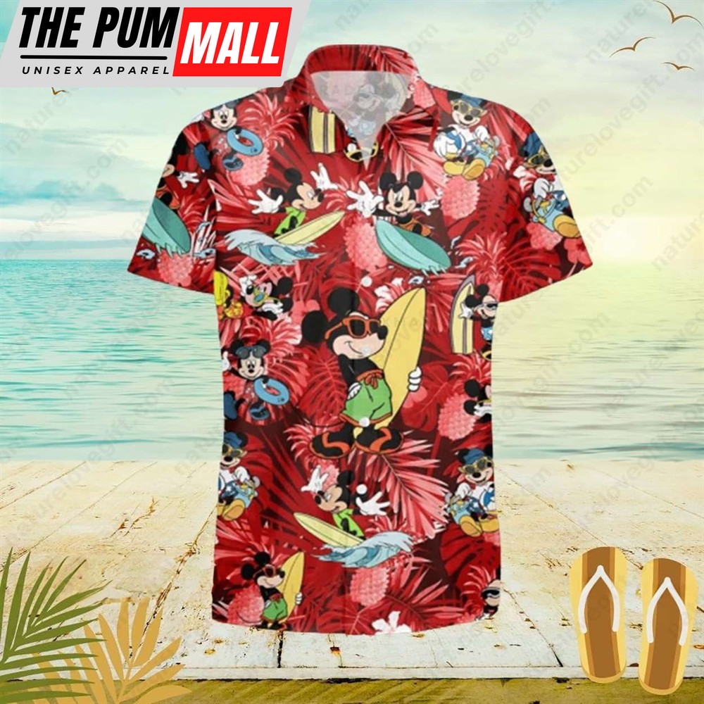 Mickey Mouse Surfing Red Hawaiian Shirt Tropical Shirts Disney Gift