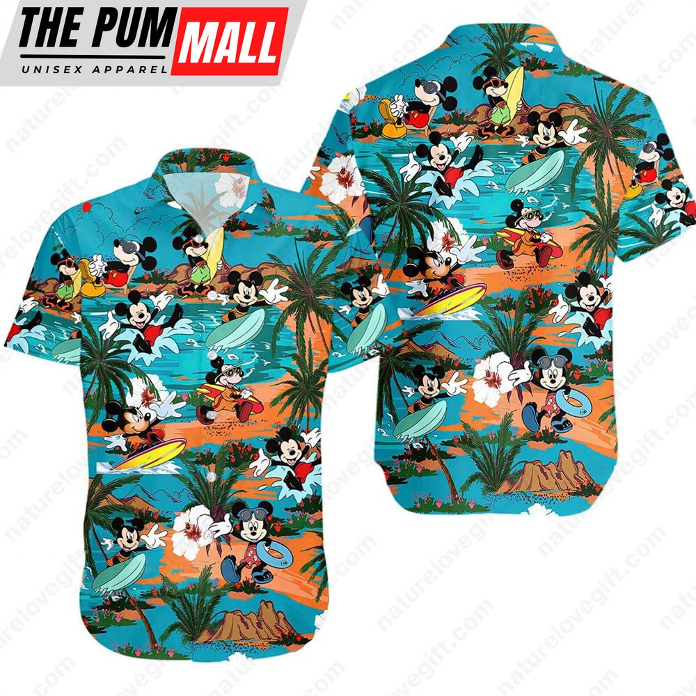 Mickey Surfing Hawaiian Button Up Shirt Palm Tree Beach Aloha Shirts