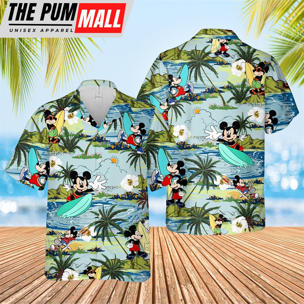 Mickey Surfing Palm Tree Summer Beach Shirt, Family Holiday Funny Hawaiian Button Down, Unique Mickey Mouse Gift