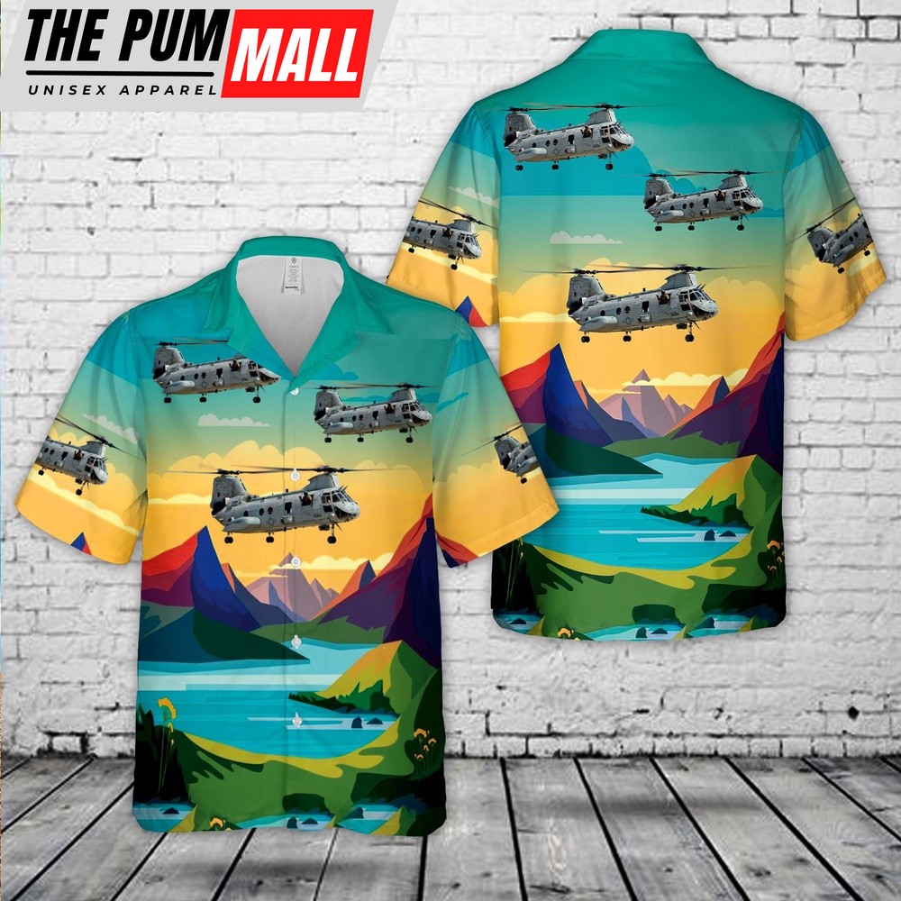 Military Hawaiian Shirt, Boeing Vertol CH-46 Sea Knight Phrog BuNo.153369 Squadron 364 (HMM-364) Purple Foxes Hawaiian Shirt