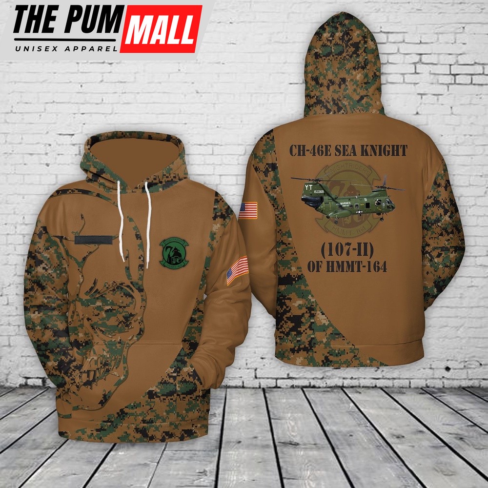 Military Hawaiian Shirt, Custom Name US Marine Corps Boeing Vertol CH-46E Sea Knight (107-II) of HMMT-164 Hoodie 3D