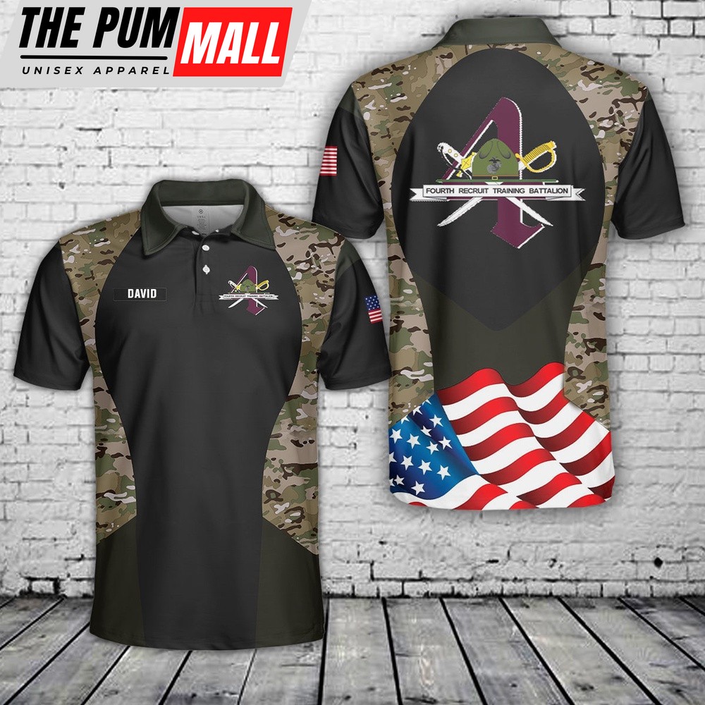 Military Hawaiian Shirt, Custom Name USMC 4th Recruit Training Battalion Polo Shirt
