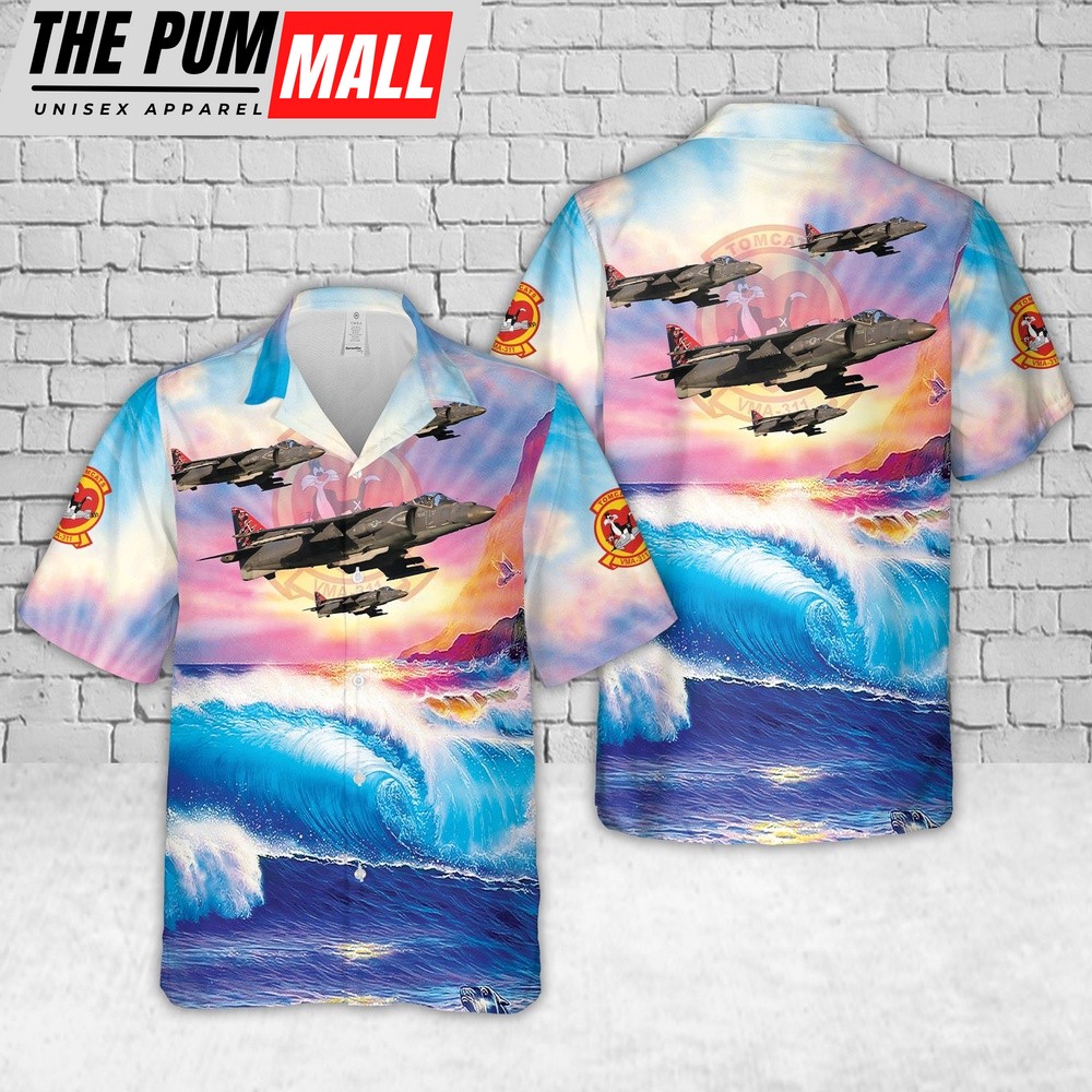 Military Hawaiian Shirt, US Marine Corps Attack Squadron VMA-311 Tomcats, McDonnell Douglas AV-8B Harrier II Plus BuNo 165001 Hawaiian Shirt