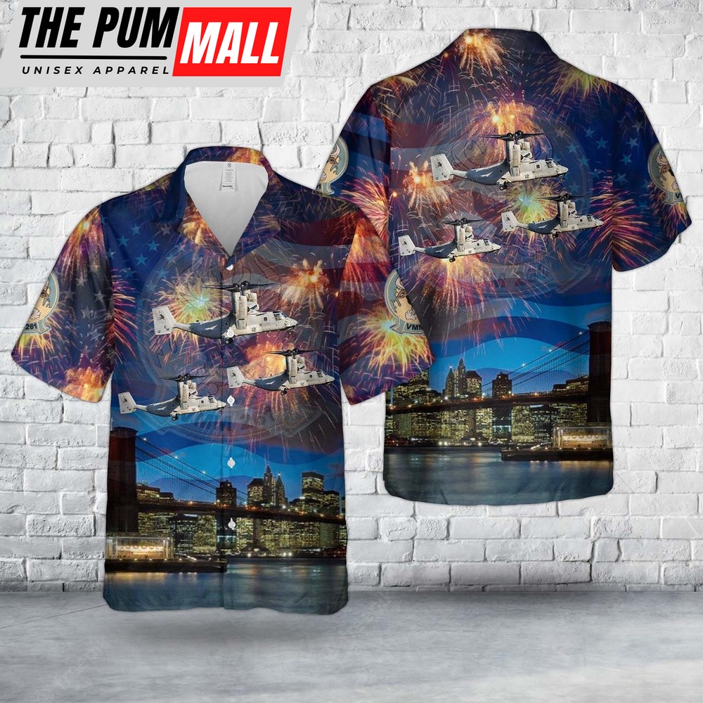 Military Hawaiian Shirt, US Marine Corps Bell-Boeing MV-22B Osprey Of VMM-261 Ranging Bulls, 4th Of July Hawaiian Shirt