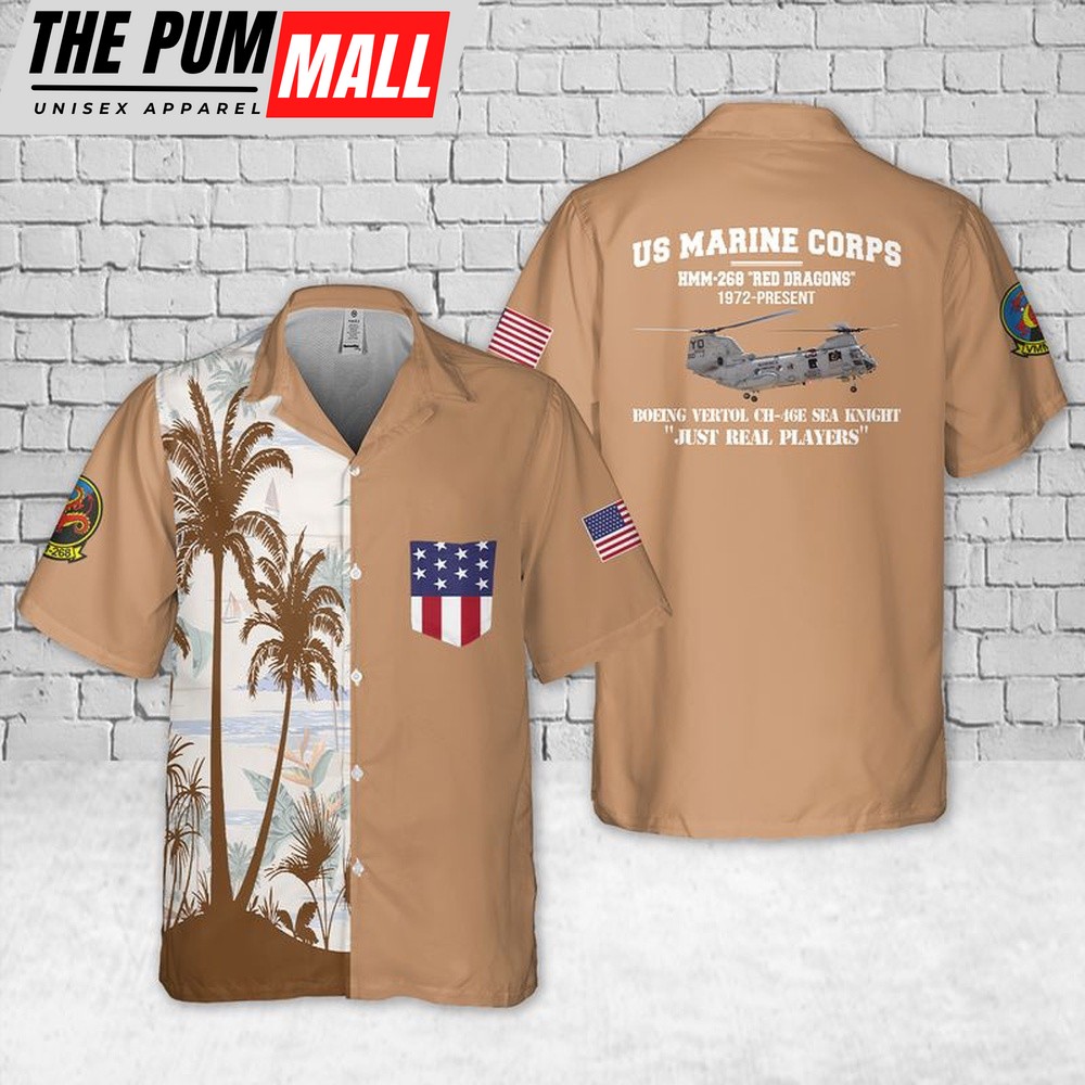 Military Hawaiian Shirt, US Marine Corps Boeing Vertol CH-46E Sea Knight of HMM-268 Red Dragons Pocket Hawaiian Shirt