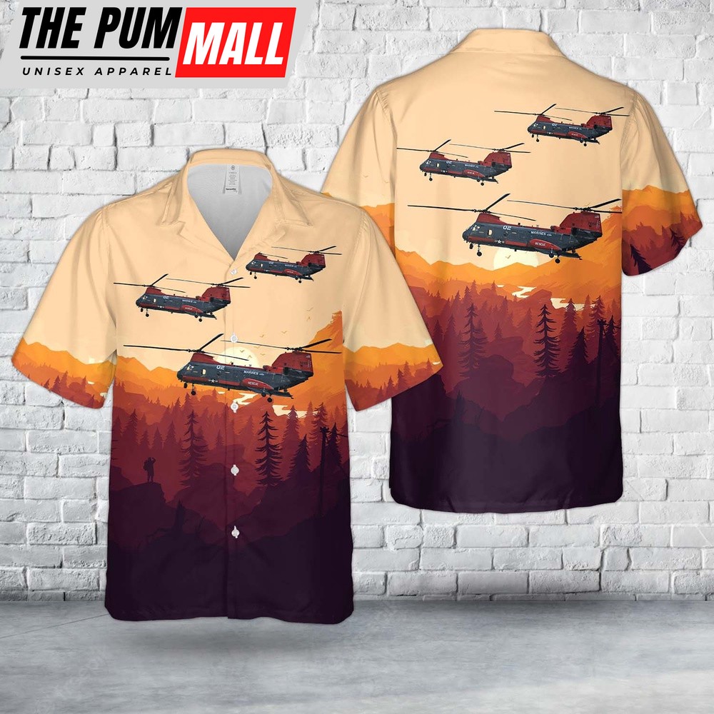 Military Hawaiian Shirt, US Marine Corps Boeing Vertol HH-46E Sea Knight Of VMR-1 Roadrunners Hawaiian Shirt