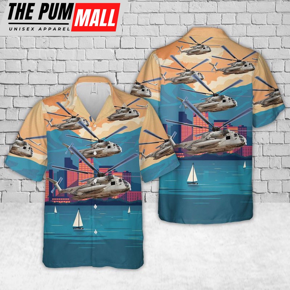Military Hawaiian Shirt, US Marine Corps CH-53D Helicopter Of Marine Heavy Helicopter Squadron 362 (HMH-362) Ugly Angels Hawaiian Shirt