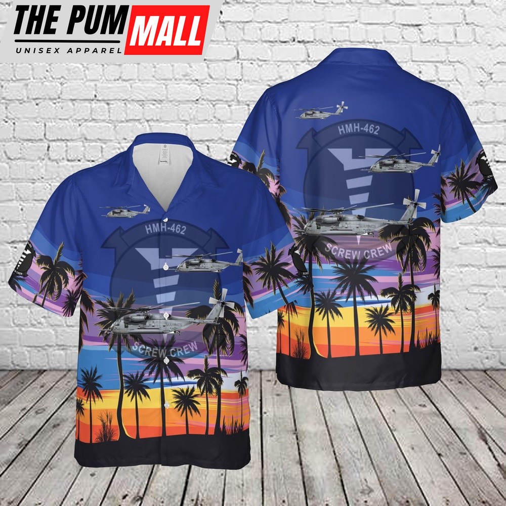 Military Hawaiian Shirt, US Marine Corps CH-53E Super Stallion HMH-462 Heavy Haulers Screw Crew Hawaiian Shirt