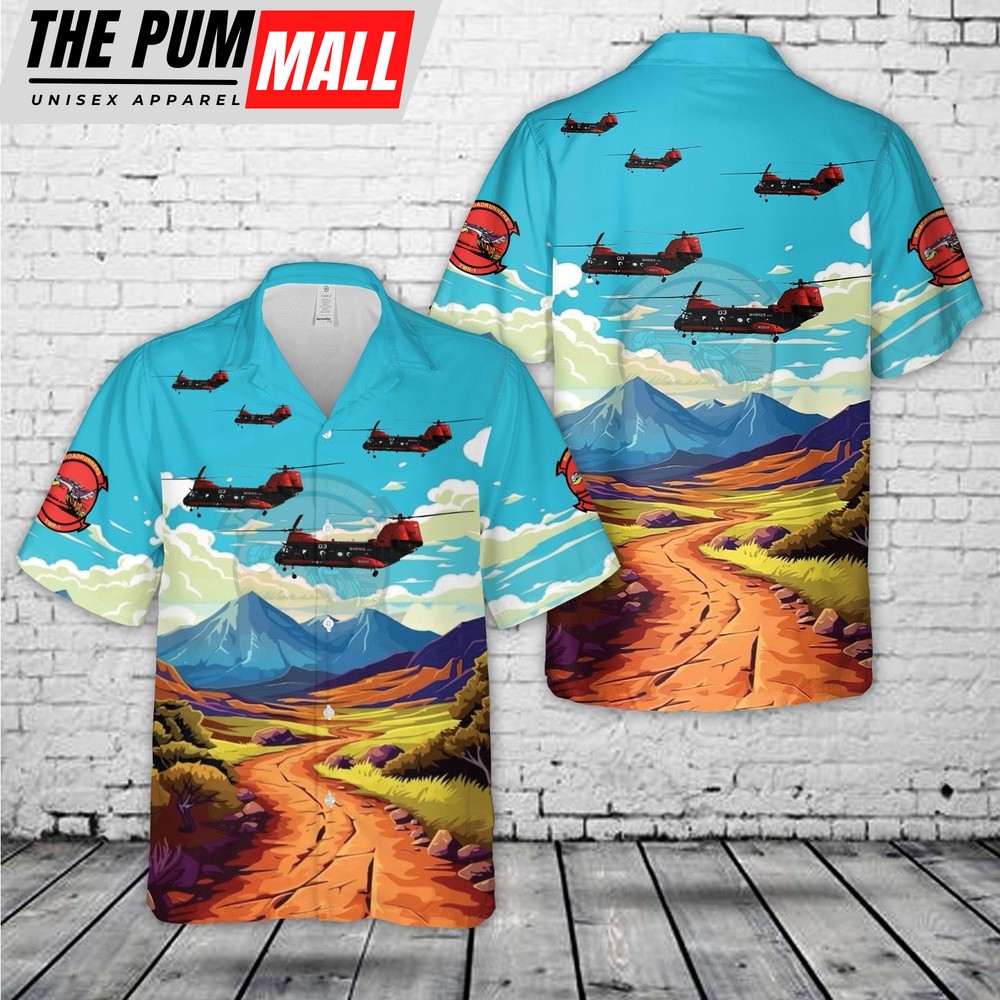 Military Hawaiian Shirt, US Marine Corps HH-46E Sea Knight Marine Transport Squadron One Road Runners (VMR-1) Hawaiian Shirt