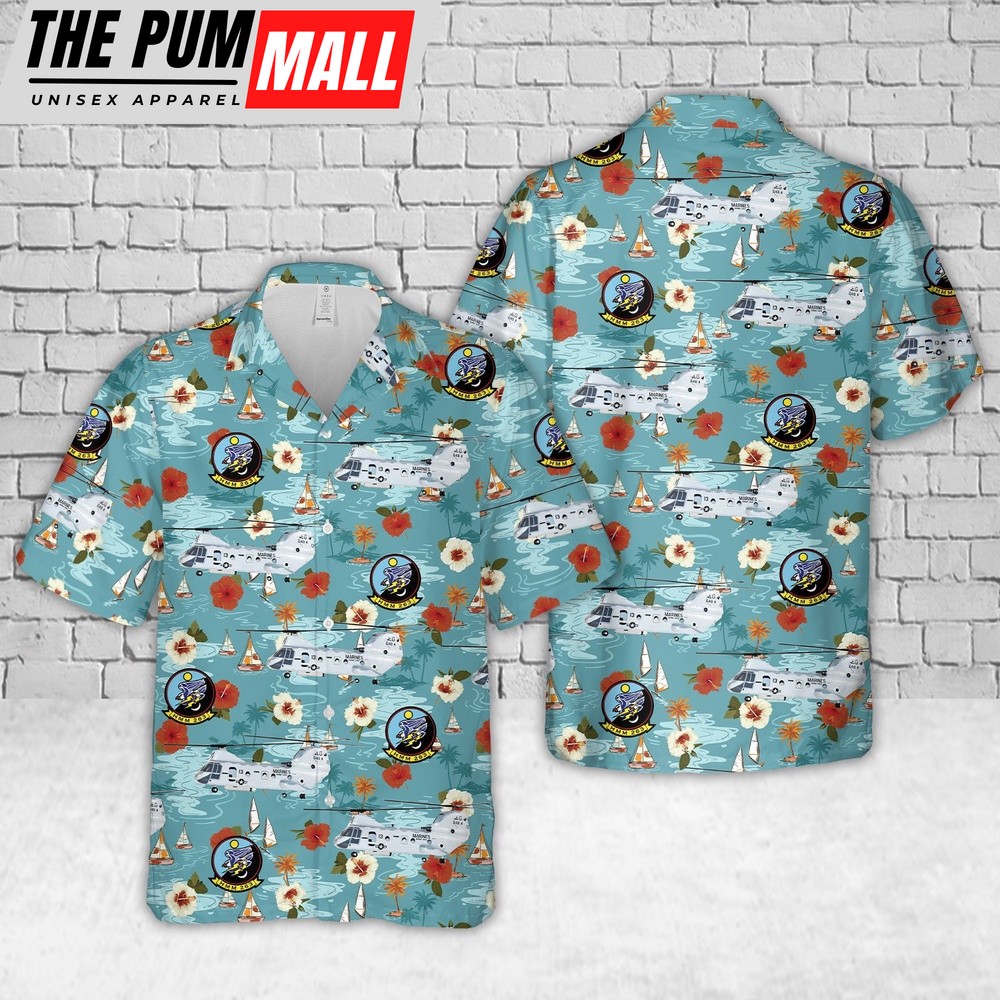 Military Hawaiian Shirt, US Marine Corps HMM-263 Thunder Chickens Vietnam Era CH-46E Sea Knight Hawaiian Shirt