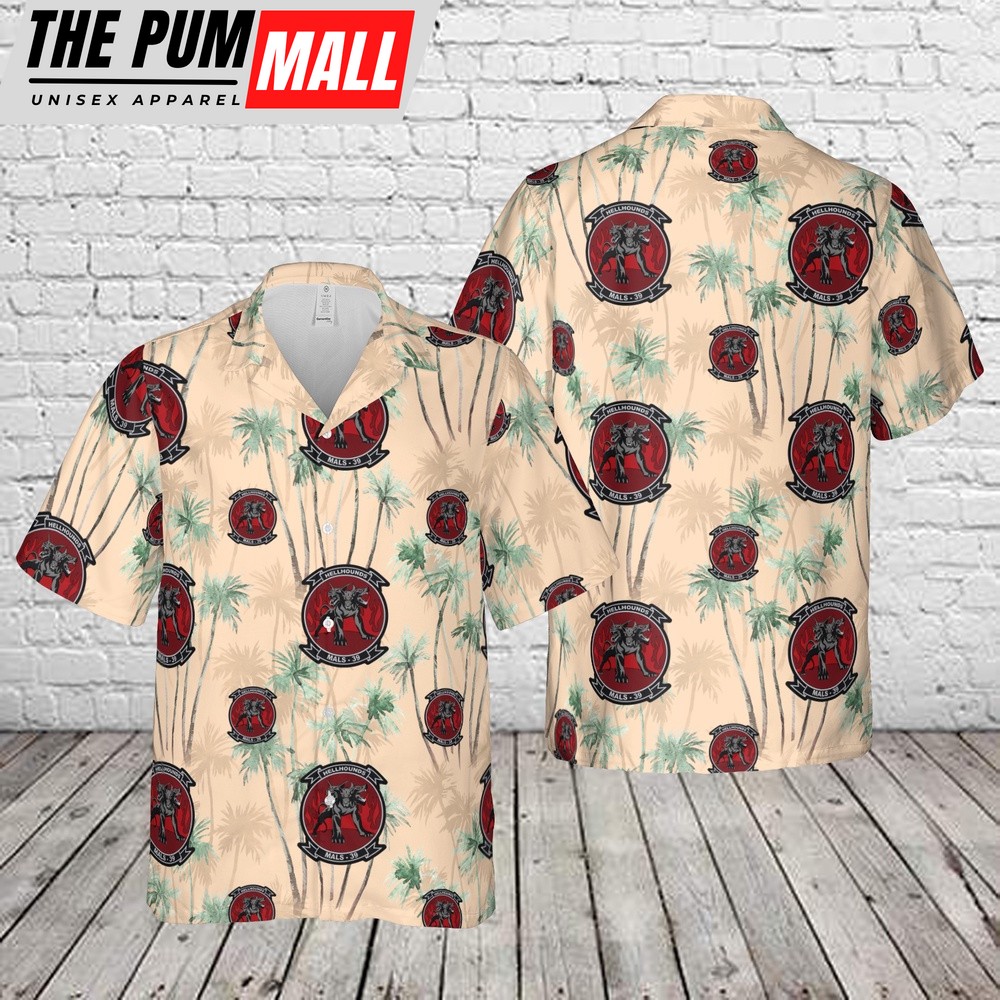 Military Hawaiian Shirt, US Marine Corps Marine Aviation Logistics Squadron 39 (MALS-39) Hellhounds Hawaiian Shirt