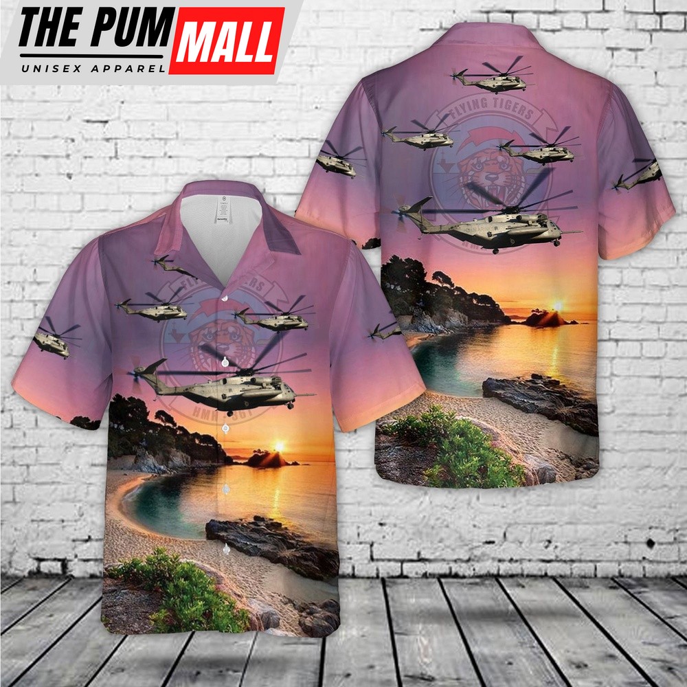 Military Hawaiian Shirt, US Marine Corps Marine Heavy Helicopter Squadron 361 HMH-361 ‘Flying Tigers’ Hawaiian Shirt