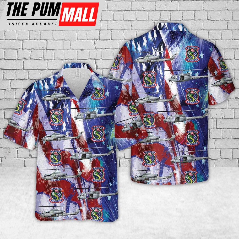 Military Hawaiian Shirt, US Marine Corps Marine Light Attack Helicopter Squadron 367 (HMLA-367) UH-1N Huey & AH-1W Cobra, 4th Of July Hawaiian Shirt