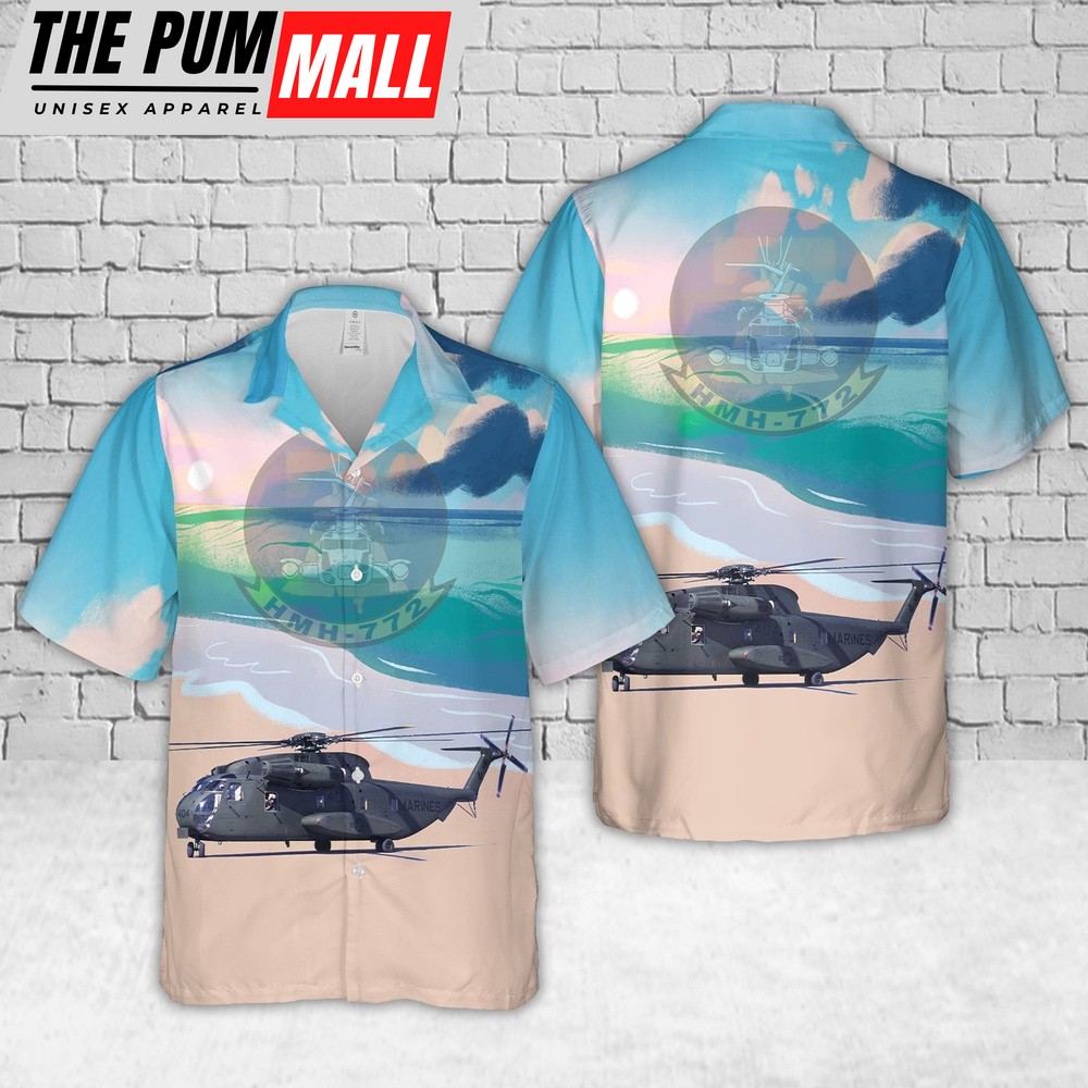 Military Hawaiian Shirt, US Marine Corps Sikorsky CH-53A Sea Stallion (S-65A) HMH-772 MAG-49 Hawaiian Shirt