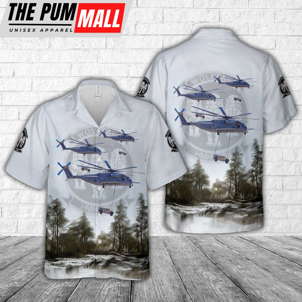 Military Hawaiian Shirt, US Marine Corps Sikorsky CH-53E Super Stallion of HMH-466 Wolfpack Hawaiian Shirt
