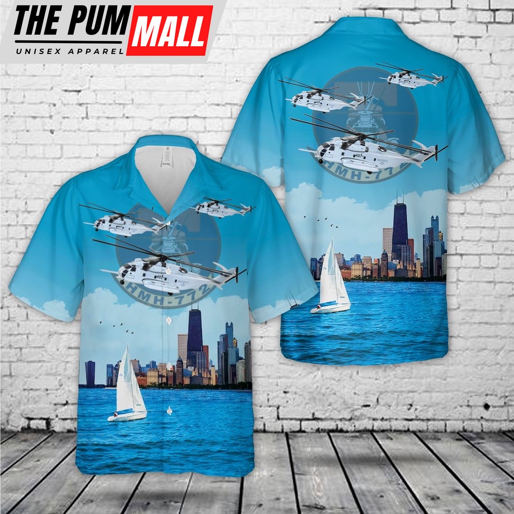 Military Hawaiian Shirt, US Marine Corps Sikorsky CH-53e Super Stallion Of Marine Heavy Helicopter Squadron 772 (HMH-772) ‘The Hustlers’ Hawaiian Shirt