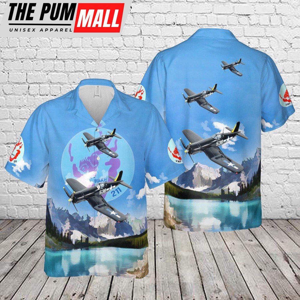 Military Hawaiian Shirt, US Marine Corps VMF-211 Wake Island Avengers F4U Hawaiian Shirt