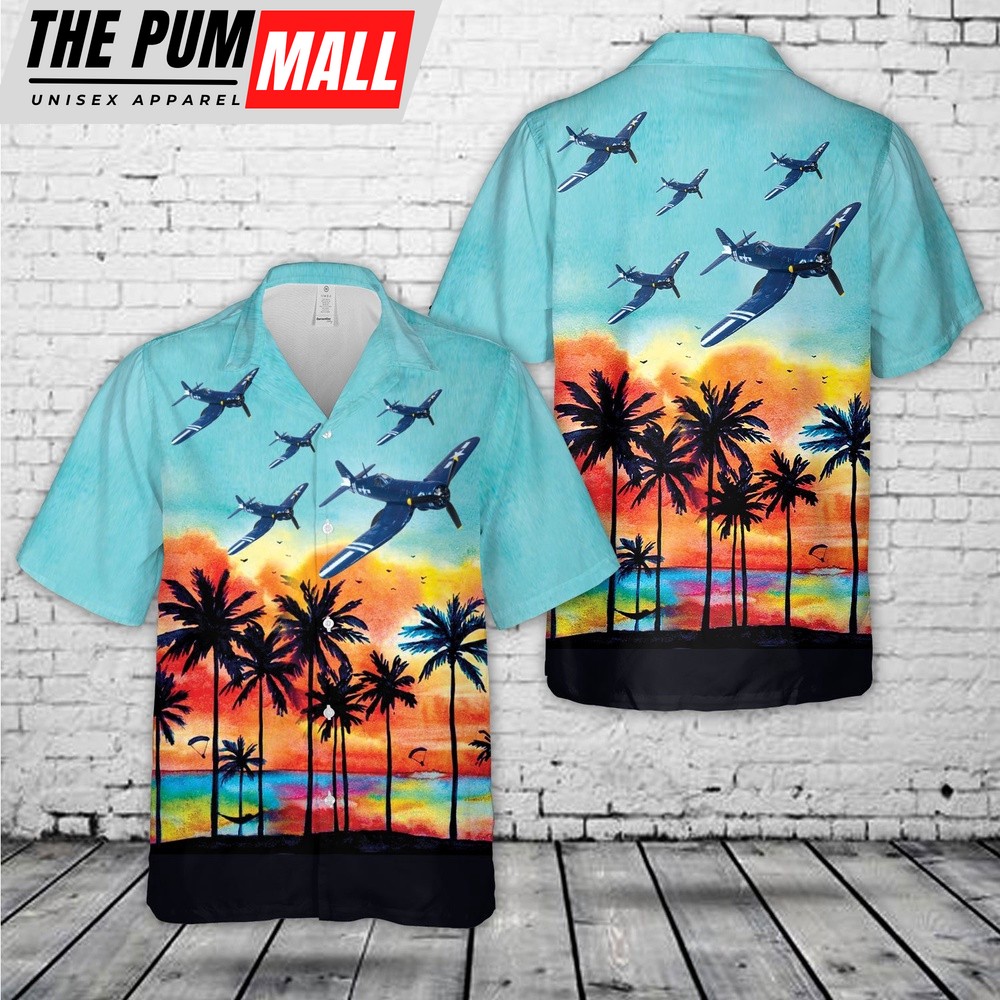 Military Hawaiian Shirt, US Marine Corps VMF-512 ‘Mad Cossack’ Chance-Vought F4U Corsair USS Gilbert Islands, July 1945 Hawaiian Shirt
