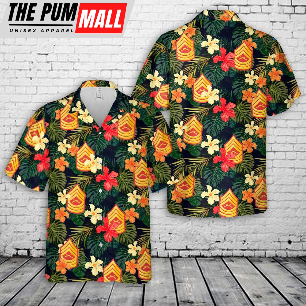 Military Hawaiian Shirt, US Marine E-8 Master Sergeant RedGold Chevron Rank Insignia Hawaiian Shirt