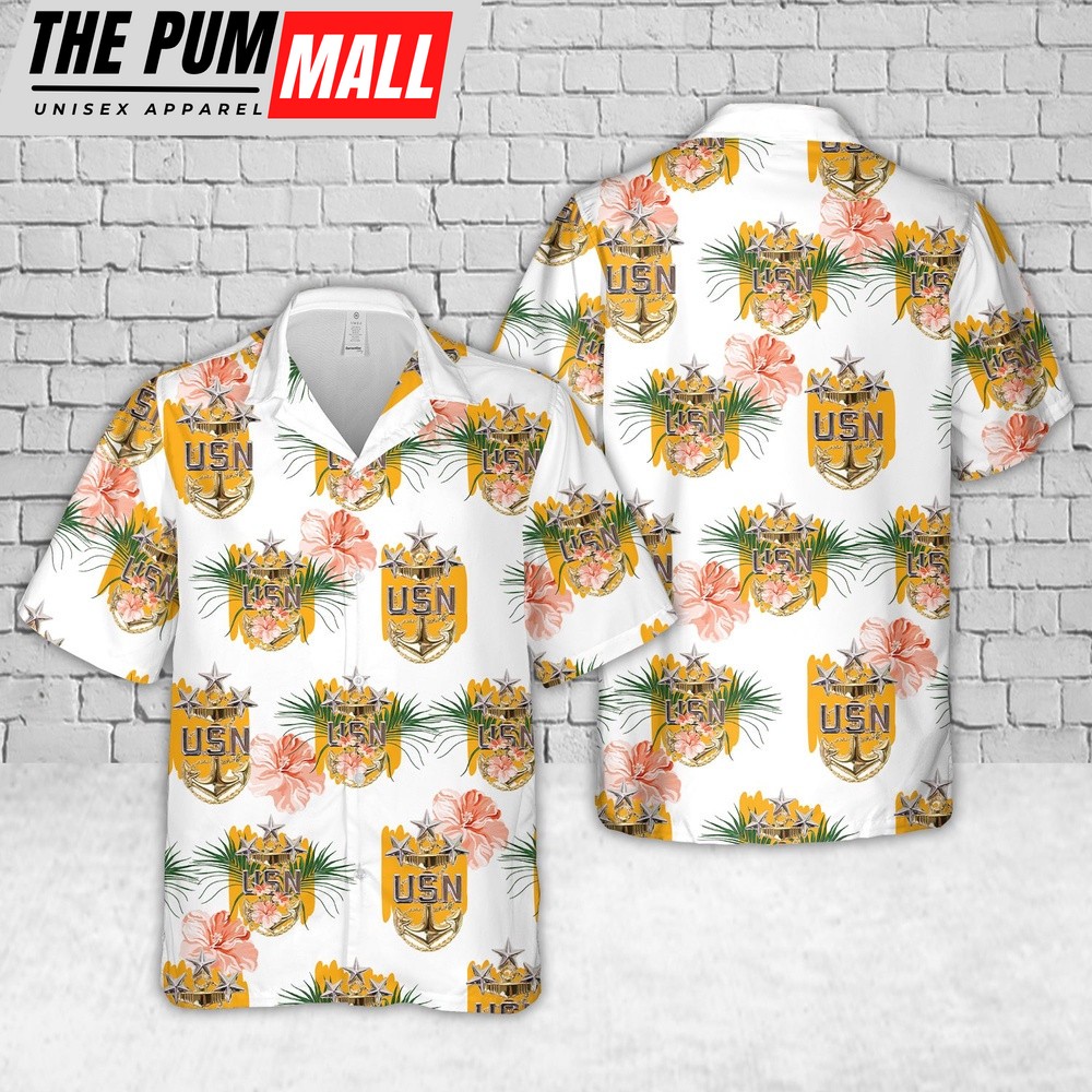 Military Hawaiian Shirt, US Navy USN Miniature E-9 Master CPO Cap Device Hawaiian Shirt