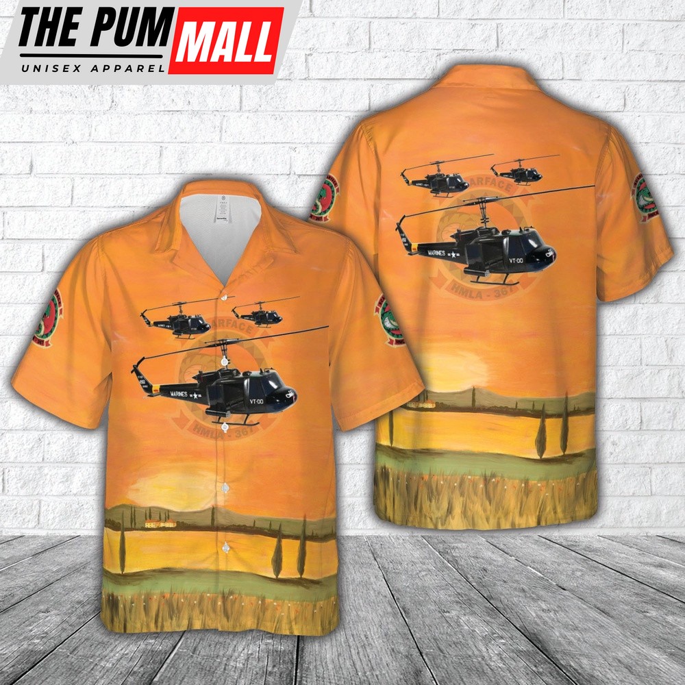 Military Hawaiian Shirt, USMC HMLA-367 Bell UH-1N Huey Hawaiian Shirt