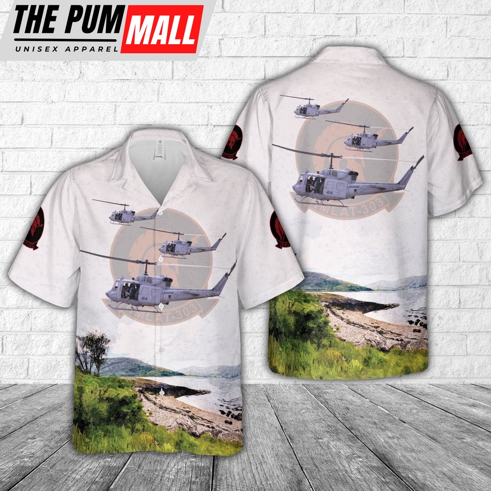 Military Hawaiian Shirt, USMC HMLAT-303 UH-1N Hawaiian Shirt