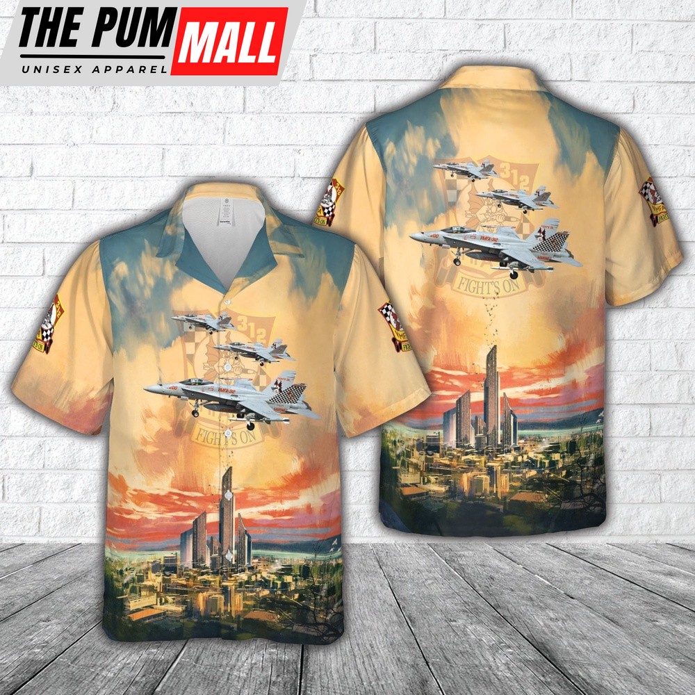 Military Hawaiian Shirt, USMC Marine Fighter Attack Squadron 312 (VMFA-312) Checkerboards F A-18C Hawaiian Shirt