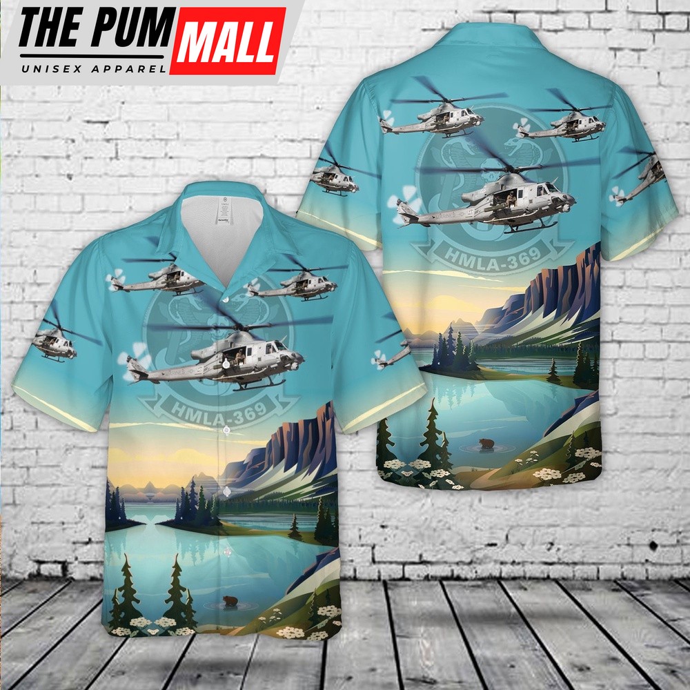 Military Hawaiian Shirt, USMC Marine Light Attack Helicopter Squadron 369 (HMLA-369) Hawaiian Shirt