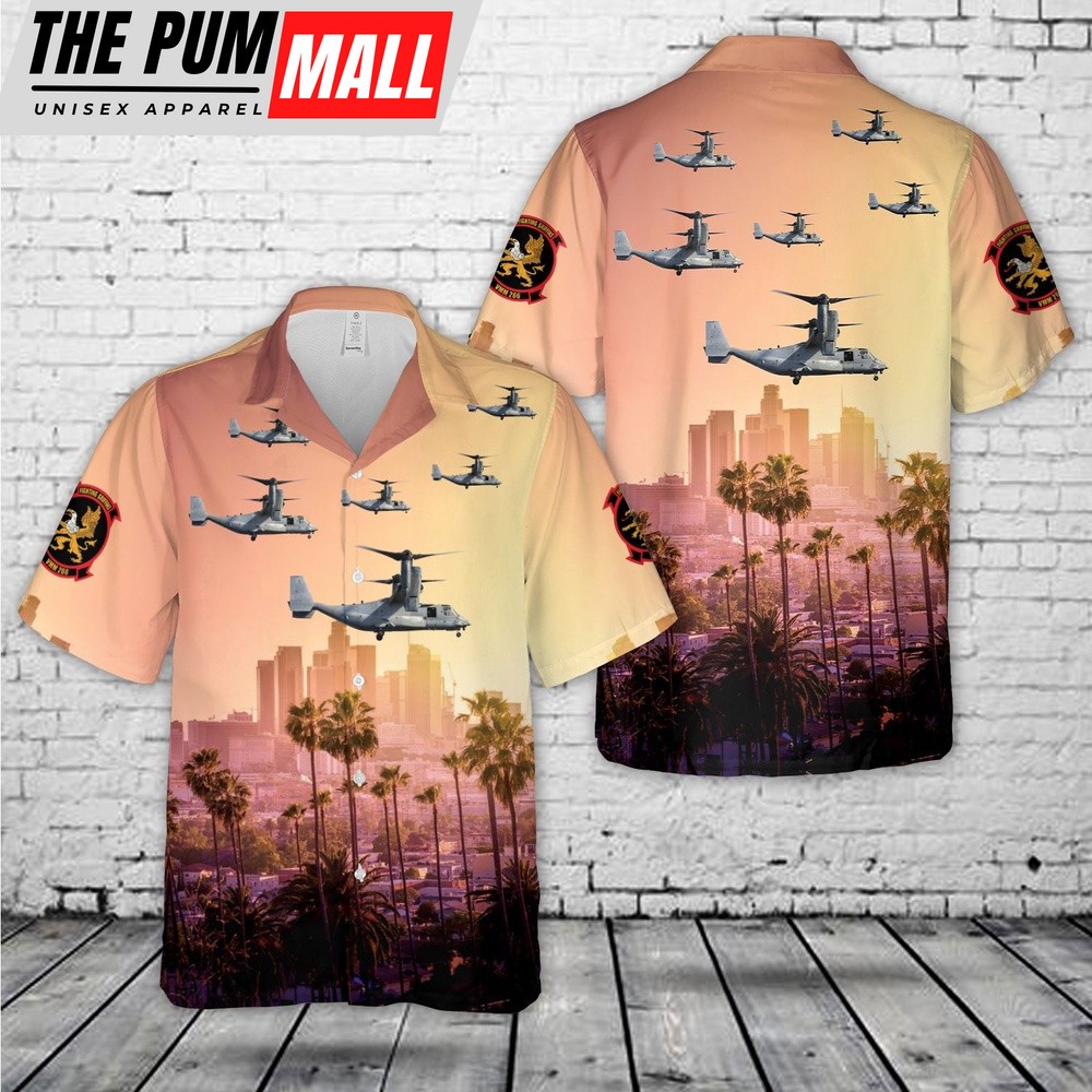 Military Hawaiian Shirt, USMC US Marine Corps – Marine Medium Tiltrotor Squadron 266 VMM-266 Fighting Griffins MV-22B Osprey Hawaiian Shirt
