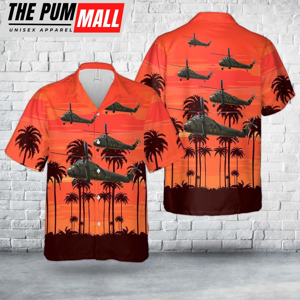 Military Hawaiian Shirt, Vietnam Era US Marine Corps Sikorsky UH-34D Seahorse Hawaiian Shirt