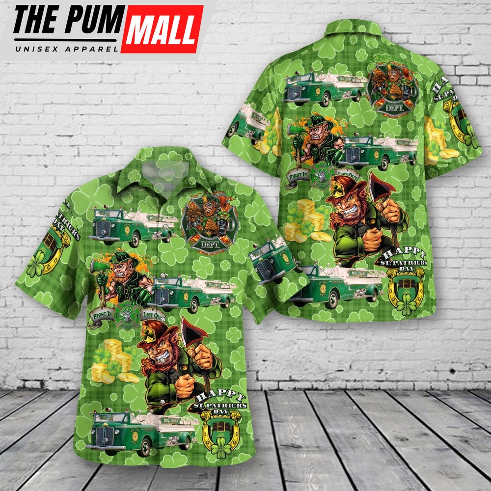 Mill Creek Fire Company, New Castle County, Delaware, 1941 American LaFrance fire truck, St Patrick’s Day Hawaiian Shirt, Shamrock Hawaiian Shirt