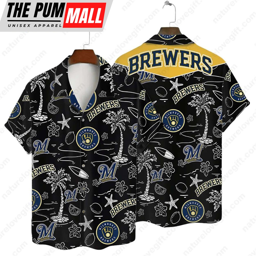 Milwaukee Brewers Tropical Palms MLB Black Hawaiian Shirt