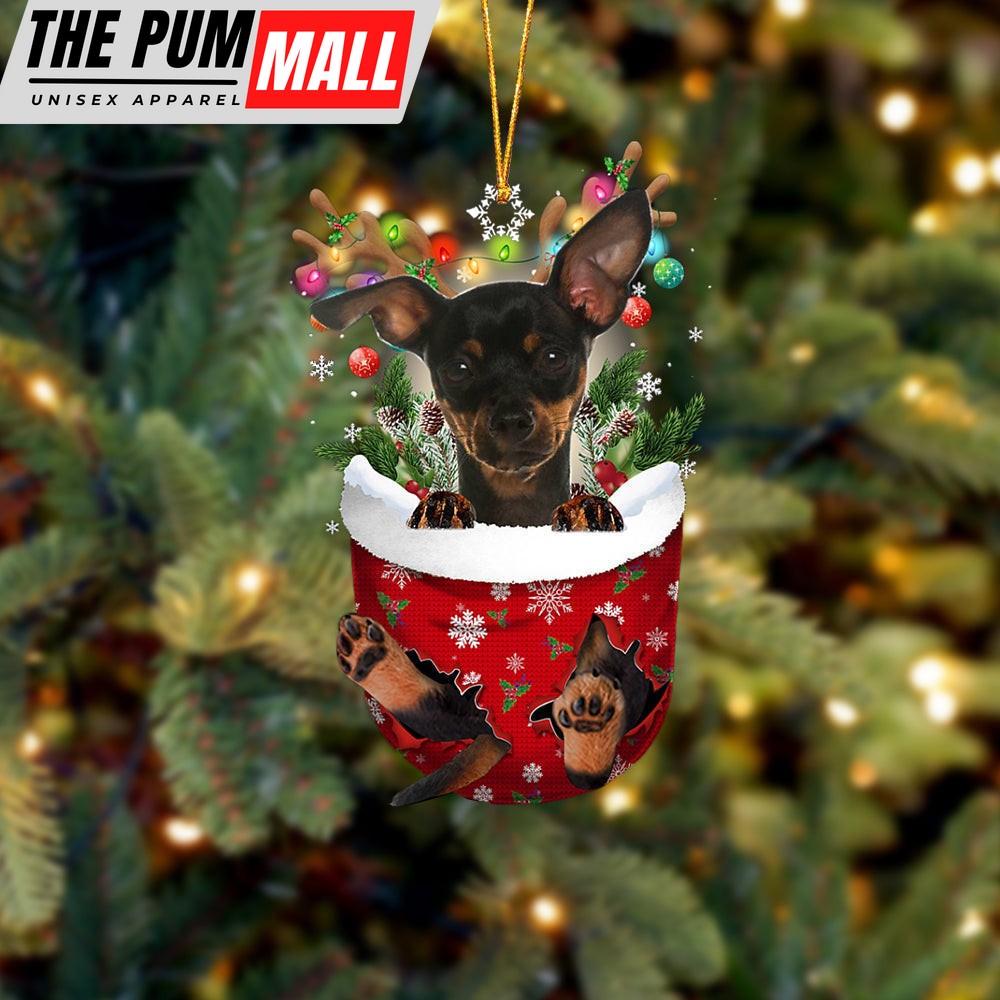 Miniature Pinscher In Snow Pocket Christmas Ornament – Two Sided Christmas Plastic Hanging Limited Edition