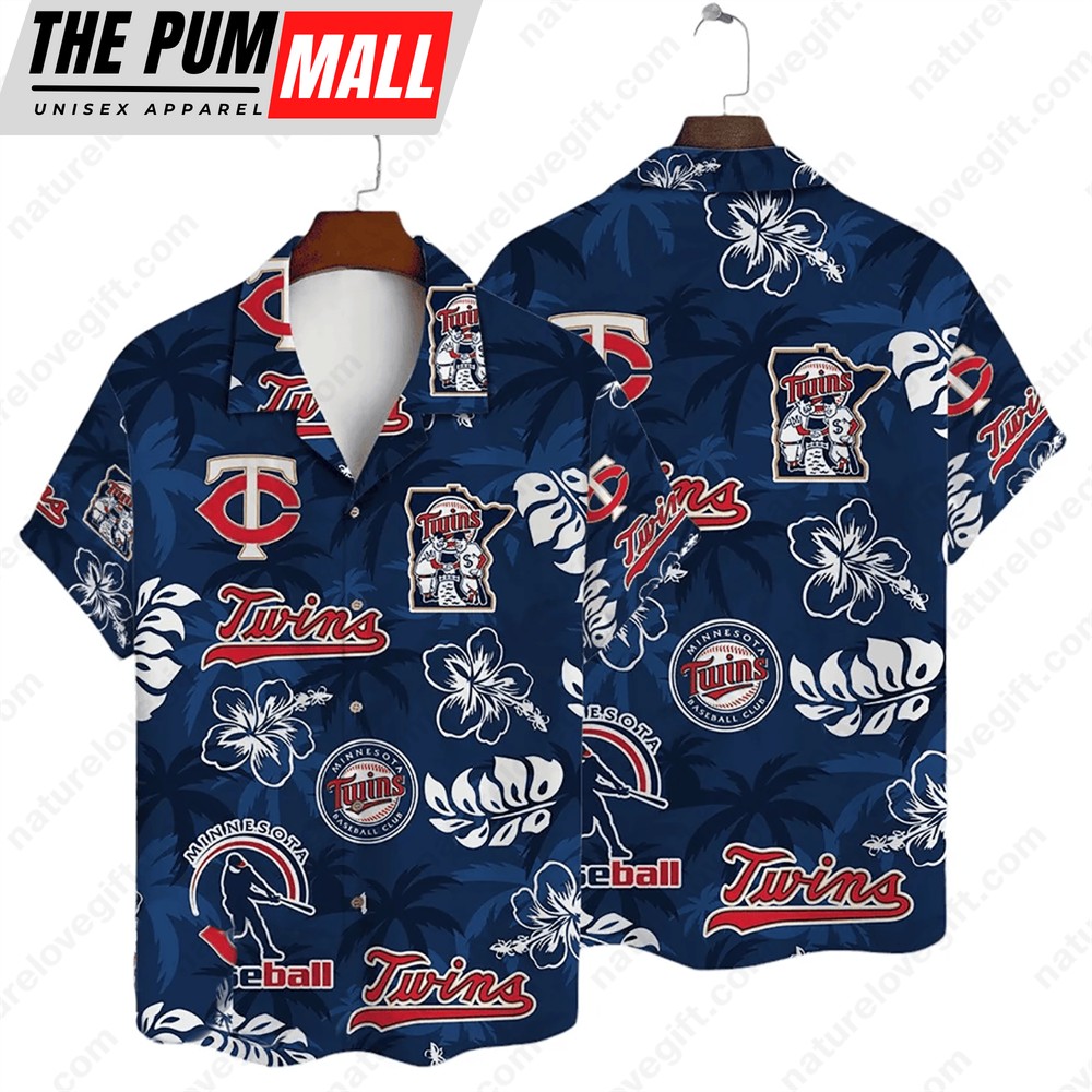 Minnesota Twins Tropical Palm Hibiscus MLB Black Hawaiian Shirt