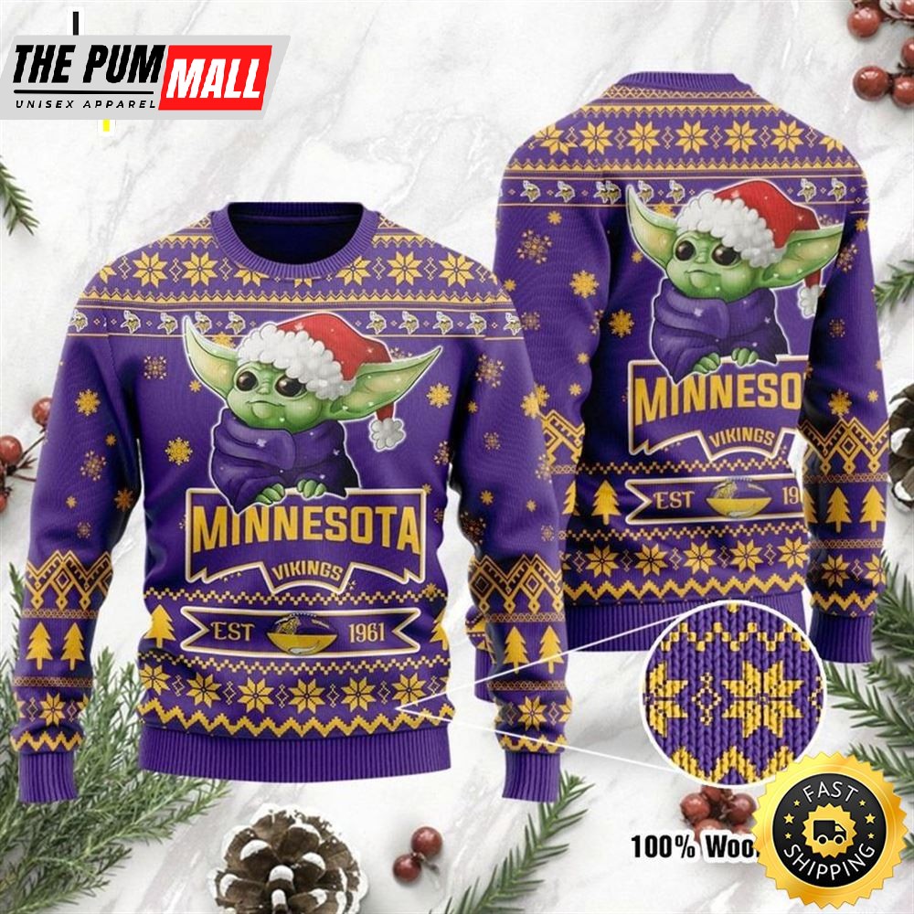 Minnesota Vikings Cute Baby Yoda Grogu Holiday Party Ugly Christmas Sweater