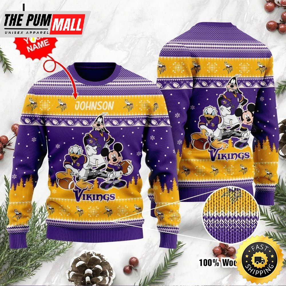 Minnesota Vikings Disney Donald Duck Mickey Mouse Goofy Personalized Ugly Christmas Sweater Perfect Holiday Gift